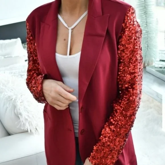 Burgundy Sequinned Sleeved Blazer - Picture 1 of 4